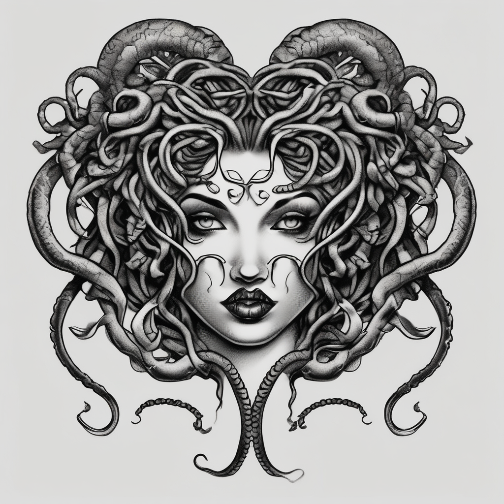 Realistic beautiful Medusa tattoo biting a heart second skin tattoo, AI-generated Blackwork tattoo design